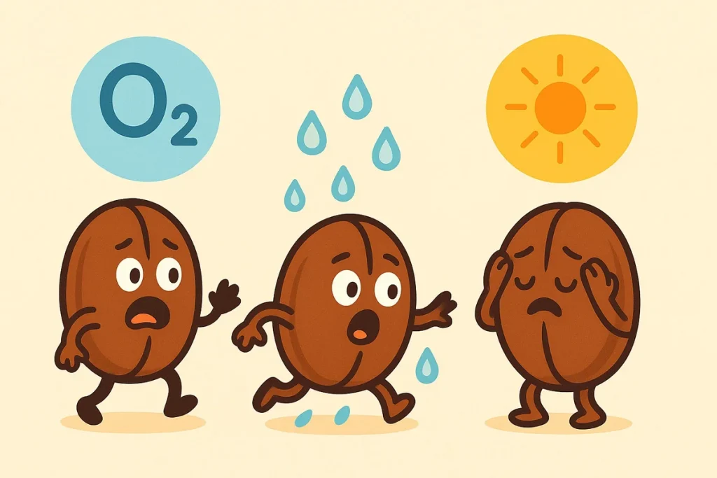 هوا، رطوبت و نور عوامل اصلی در کاهش کیفیت قهوه هستند.