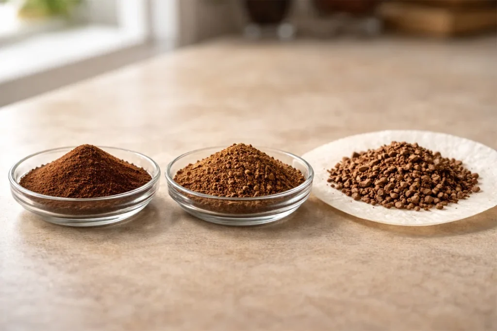 برای انواع مختلف قهوه سه نوع آسیاب ریز، متوسط و درشت وجود دارد.